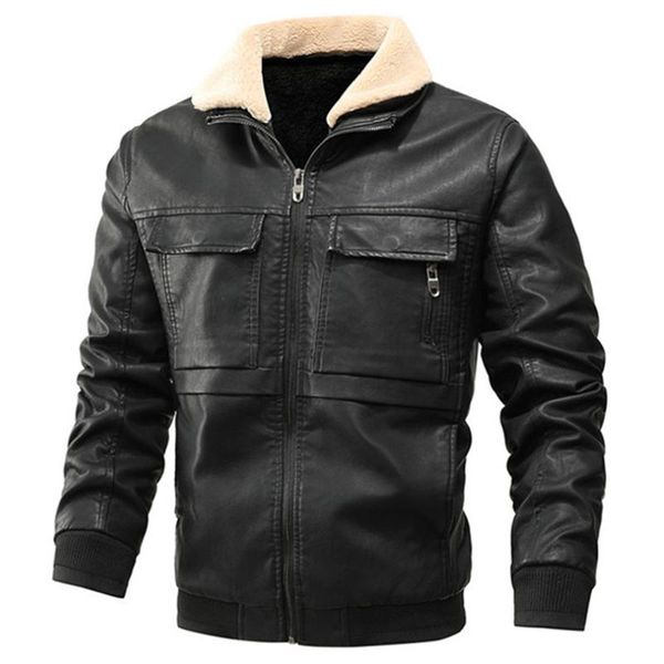 

2020 new winter leather jacket men fur collar motorcycle leather jacket multi-pocket thick fleece men pu jackets coats, Black