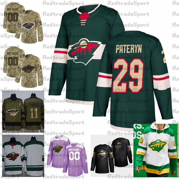 

2021 reverse retro customize #29 greg pateryn minnesota wild hockey jerseys golden edition camo veterans day fights cancer custom shirts, Black;red