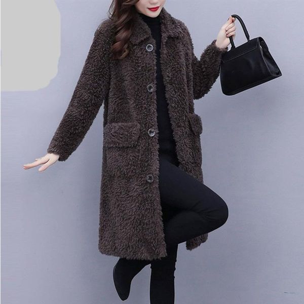 

women's fur & faux winter jacket women warm lambswool plush coats female outerwear korean fashion ladies cardigans long sleeve clothing, Black