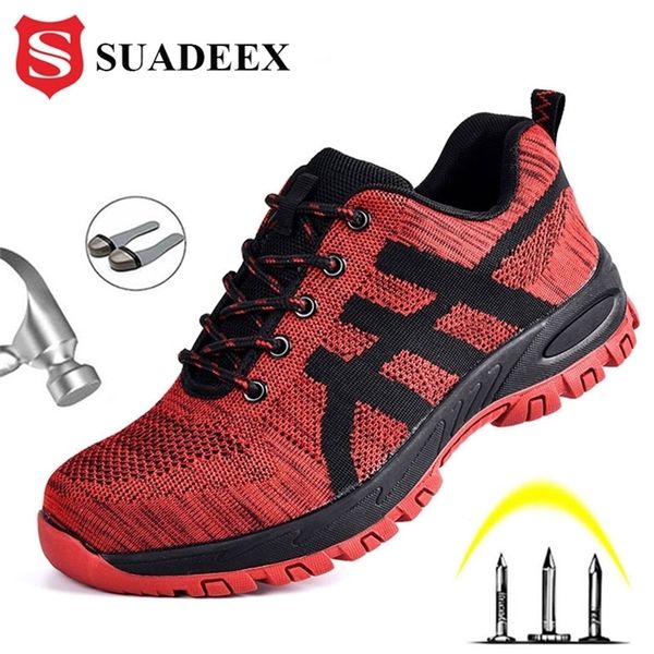 

suadeex shoes air mesh work men sneakers anti-smashing steel toe footwear safety boots male y200915, Black;brown