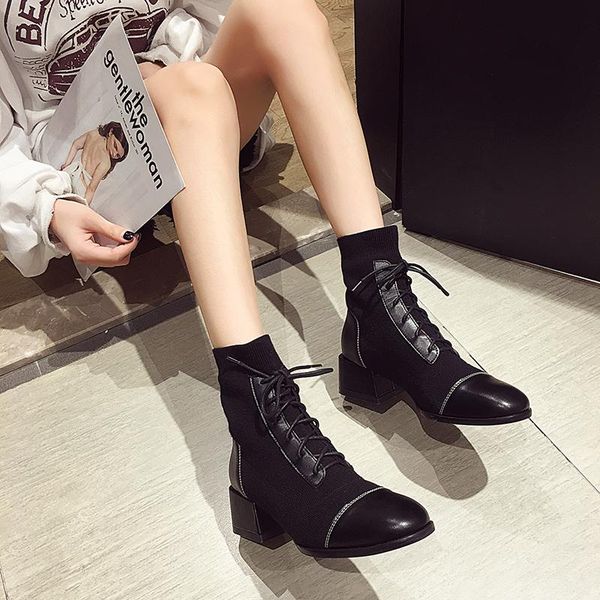 

boots street beat cross-tied women stitching thick heels motorcycle short botas round toe stretch femme fashion booties 2021, Black
