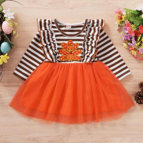 

baby toddler clothing turkey costume long sleeve brown striped ruffled orange tulle baby girl thanksgiving outfit, Red;yellow