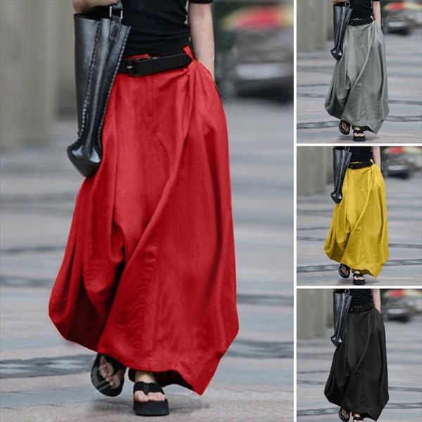 

2020 zanzea elegant womens linen maxi skirts spring sundress summer elastic waist vestidos female button robe femme plus size, Black