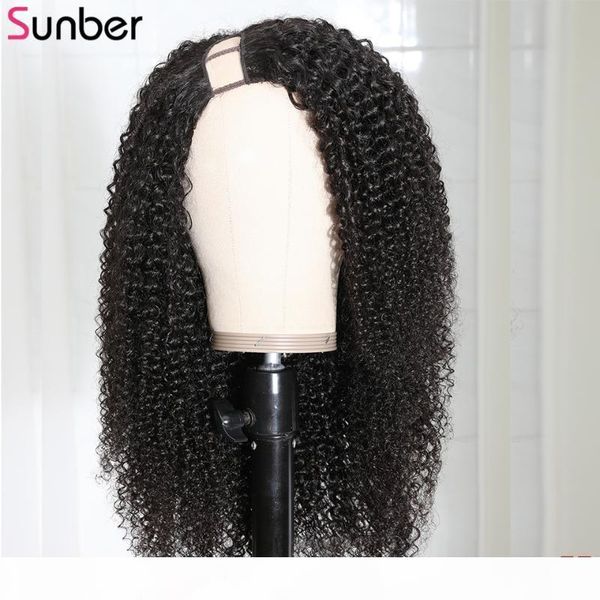 

kinky curly human hair wig easy install 150% density remy hair no glue real scalp right part peruvian u part wig sunber, Black;brown