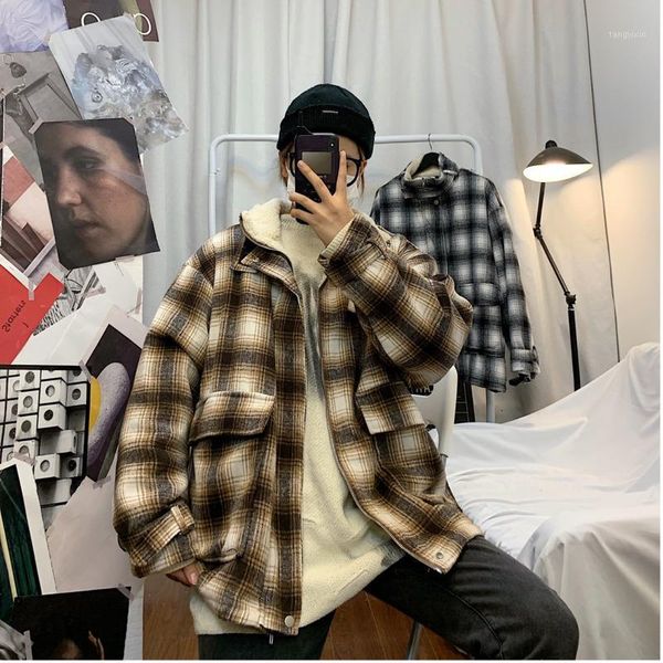 

men's cotton clothing 2019 autumn and winter new tooling pockets plaid warm cotton clothing youth fashion men's1, Black
