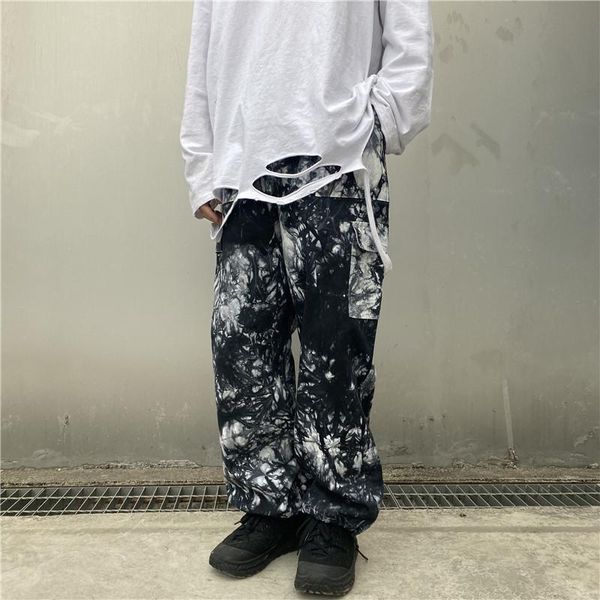 

tie dye gradients overalls men's trendy hip hop old smog dye printed loose straight casual pants, Blue