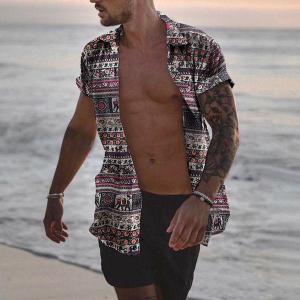 

men's hawaiian printed shirt summer short sleeve beach party casual loose breathable blouse male clothes new 2020 vacation, White;black