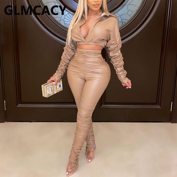 

women two piece pu leather suits long sleeve crop & ruched slim pants set, Gray