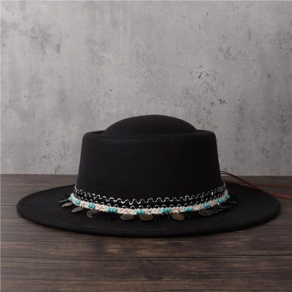 

stingy brim hats fashion women wool fedora hat lady tassel pork pie gentleman flat bowler porkpie jazz, Blue;gray
