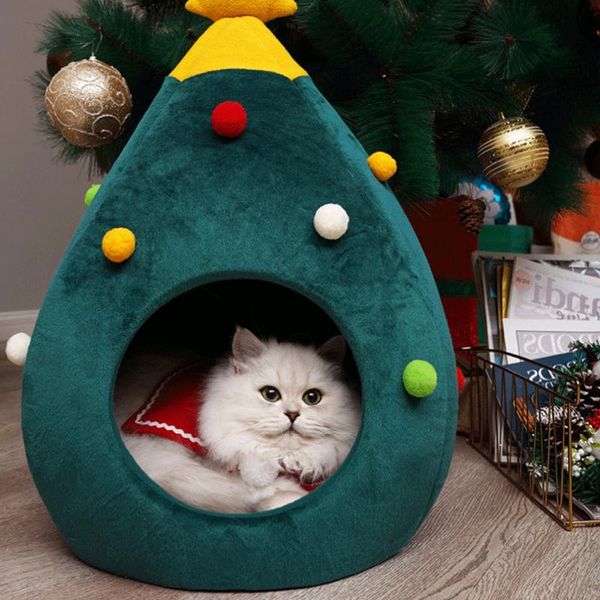 

half-closed shape dog cat house cat sleeping beds with ball winter warm green pet nest with detachable cushion mats 2020