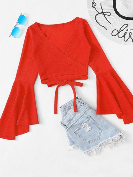 

bell sleeve self-tie crop b5sg#, White
