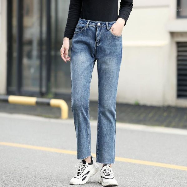 

winter women jeans oversize cigarette pants simple warm slim stretch lining velvet blue denim trousers fashion 20201