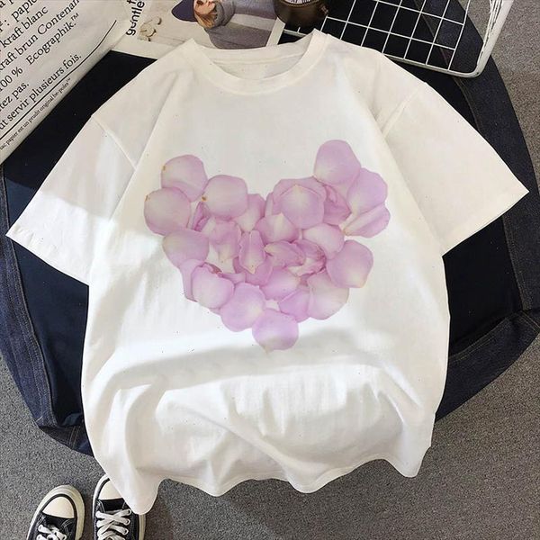 

love heart flowers printed women t shirt harajuku t shirt women cute funny cartoon aesthetic female tee top, White