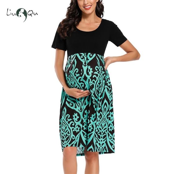 

maternity dresses pregnancy clothes short sleeve printing patchwork knee length a line dress baby shower womens clothing lj201123, White