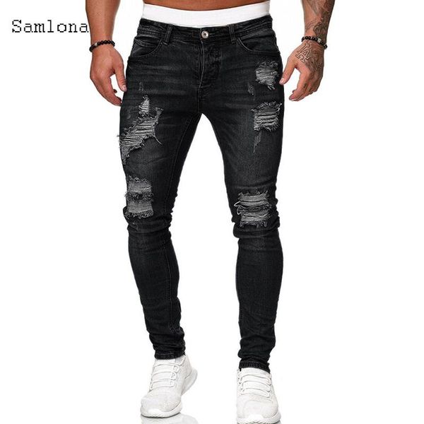 

samlona jeans mens fashion skinny denim pant male 2021 hole ripped pants streetwear male denim jeans blue grey pencil trousers