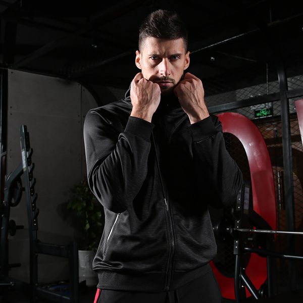 

spring brand sweater brand clothing men's hooded zipper casual sweatshirt muscle men's slim fitness hooded jacket, Black