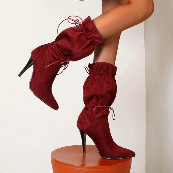 

boots fashion women's shoes loose elastic mouth lace-up female winter high 11cm heels warm plus size 34-43, Black