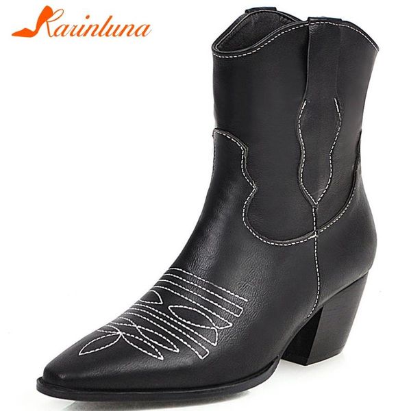 

karin ladies high chunky heels boots slip-on pointed toe ankle western boots women brand new design sewing shoes woman, Black