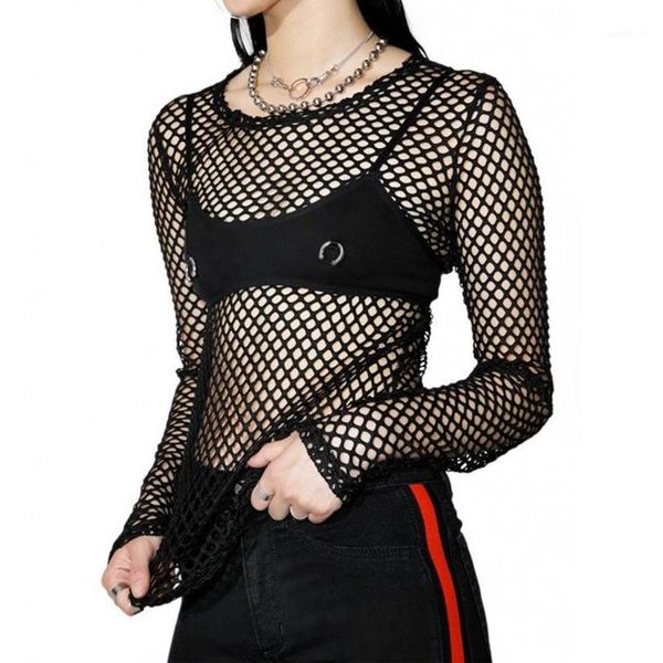 

women long sleeve mesh fishnet t shirt sheer transparent tee shirts camiseta mujer1, White