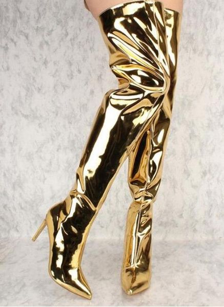 

2020 new fashion women pointed toe over knee mirror leather high heel boots zipper-up patent leather gold silver long boots1, Black
