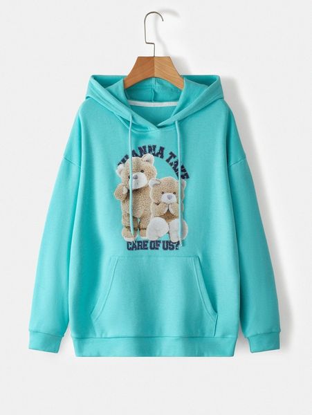 

bear & slogan graphic kangaroo pocket drawstring hoodie t2bl#, White;black
