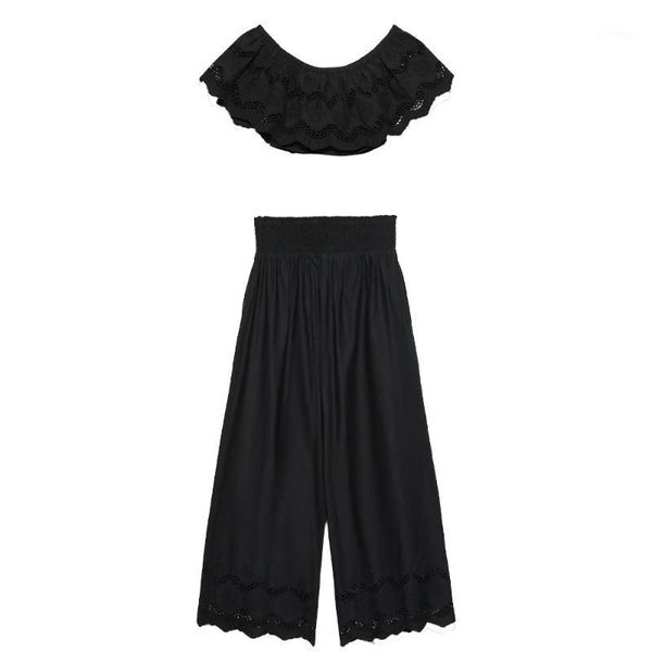 

2020 new summer women two piece set crop cutwork embroidery elastic & loose trousers high-waist ensemble femme chandal mujer1, Gray