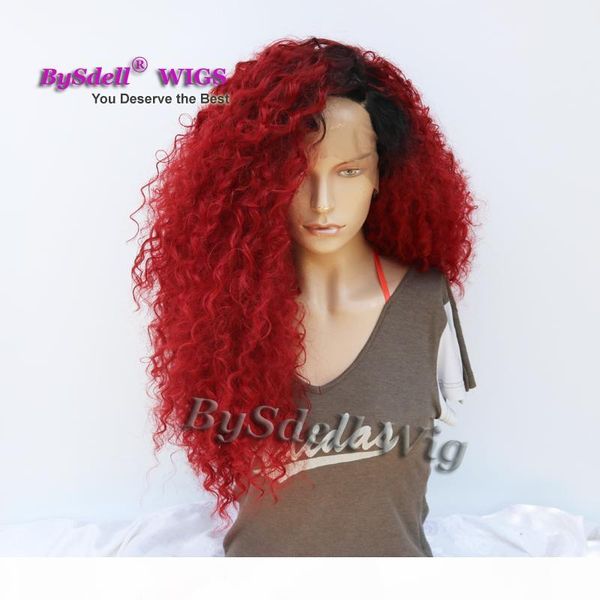 

long fluffy big hair wig synthetic kinky curly black root ombre burgundy color hair lace front wig african american glueless lace front wigs