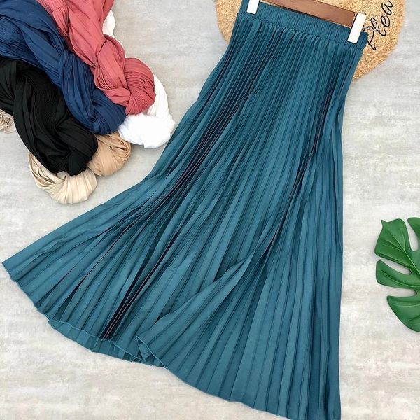 

women long skirts summer solid color midi pleated skirt daily casual style cotton saia femme jupe mid calf, Black