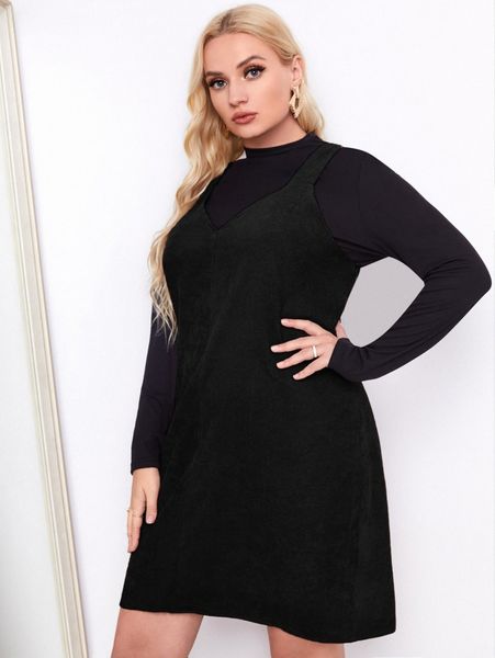

plus corduroy overall dress without tee f6d6#, Black