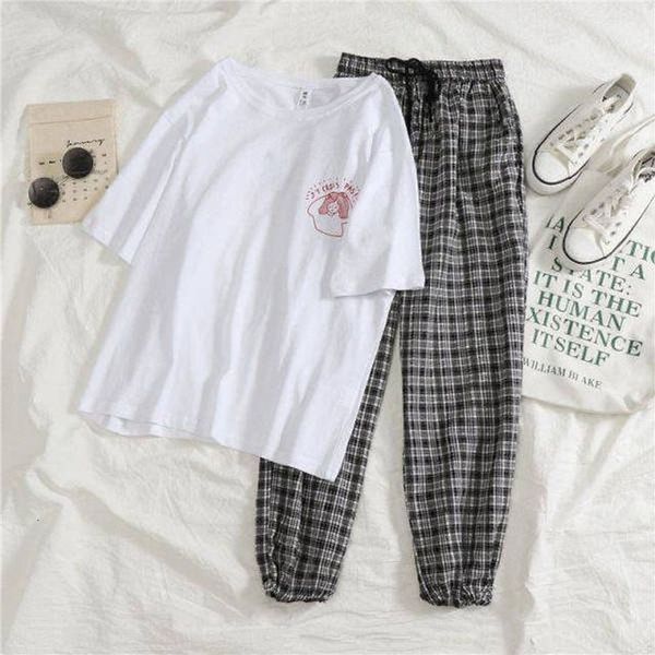 

new female set of two pieces summer from the cartoon printed plus size training suits upper shirt and chess harlan casual suit pants 2 12fr, Gray