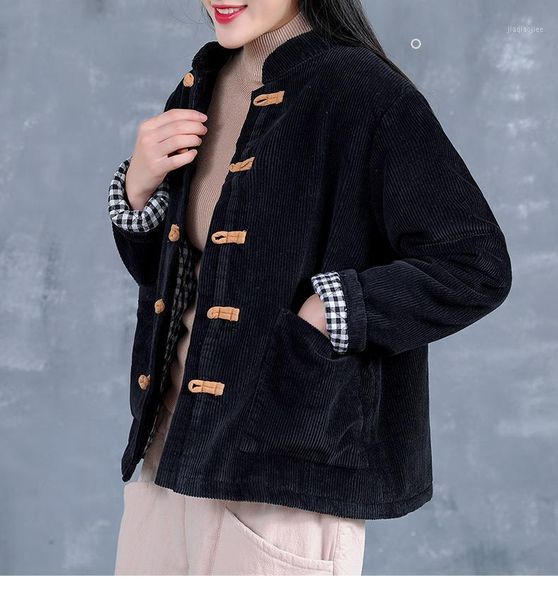 

lamtrip vintage casual handmade buttons corduroy coat women outwear1, Black
