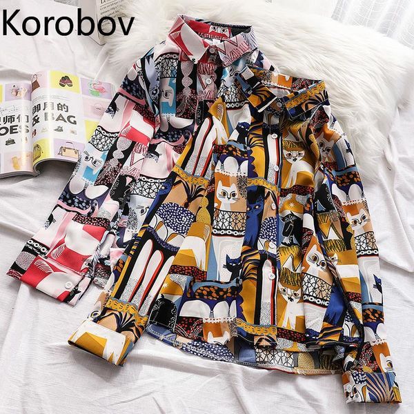 

korobov 2020 spring summer new arrival print chiffon shirts harajuku vintage print women blouses elegant blusas mujer1, White