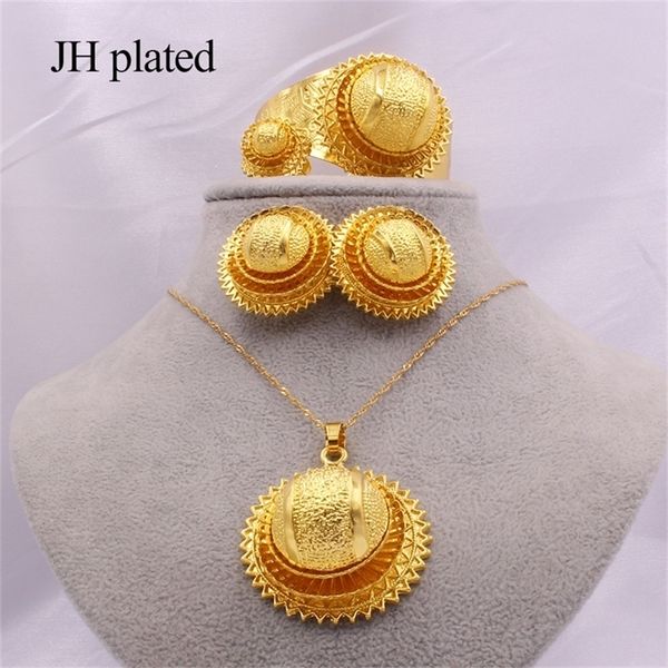 

big jewelry set wife gifts arabia bride wedding for women ethiopia 24k gold necklace earrings bracelet ring hairpin dubai 201222, Slivery;crystal