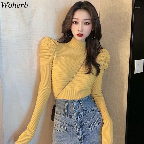 

woherb turtleneck sweater autumn winter puff sleeve vintage female stretch sweaters korean bottoming knitted jumper1, White;black
