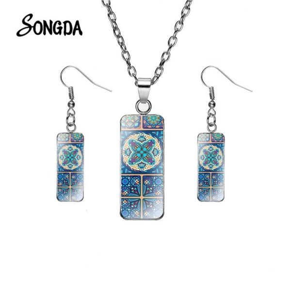 

bohemian series jewelry sets for women accessories polish folk art pattern rectangle dangle earrings necklace set romantic gift, Silver