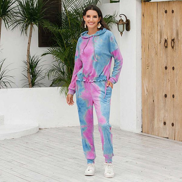 

wear drawstring tie sportswear casual dye home hooded sweater long sleeve suit women, Gray