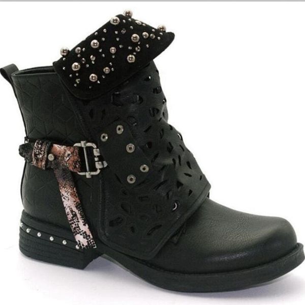 

women boots large size women's boots hollow carved flanging short rivet belt buckle woman botas mujer fa19, Black