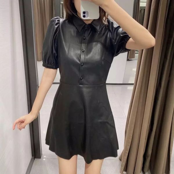 

2021 new fashion women's with elastic trim faux leather mini retro puff sleeve button women dress mujer ofs8, Black;gray