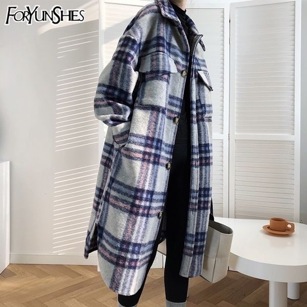 

foryunshes women winter woolen coats female plaid print retro warm thick long jacket outercoats korean style outwear 201031, Black