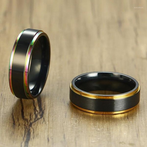 

vnox 6mm black tail ring for men women stainelss steel color line edge unique band matte surface casual male alliance jewelry1, Golden;silver