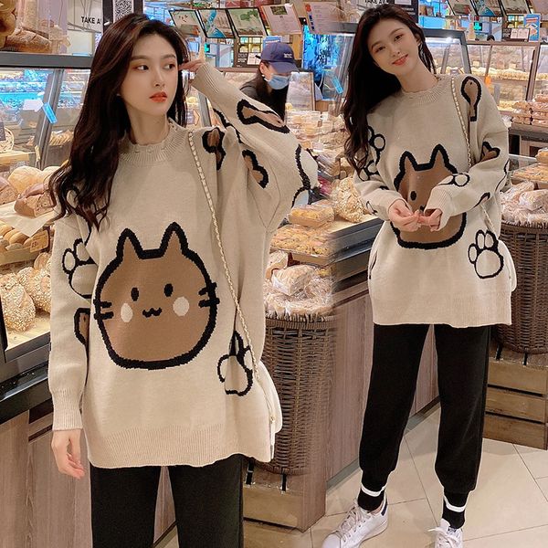 

winter sweater cartoon cat thickened knitted pregnant women's long sleeve large loose net red fashion, White
