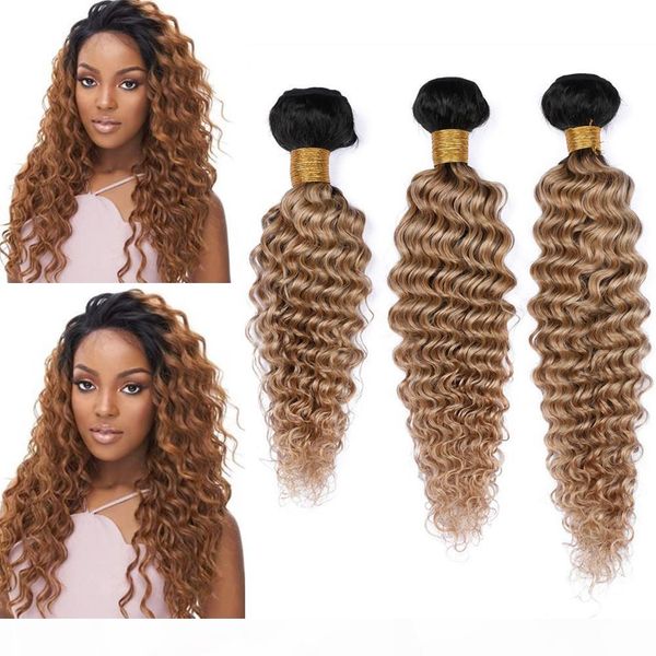 

malaysian human hair honey blonde ombre wavy weave bundles #1b 27 light brown ombre deep wave virgin hair wefts 3pcs mixed length, Black;brown