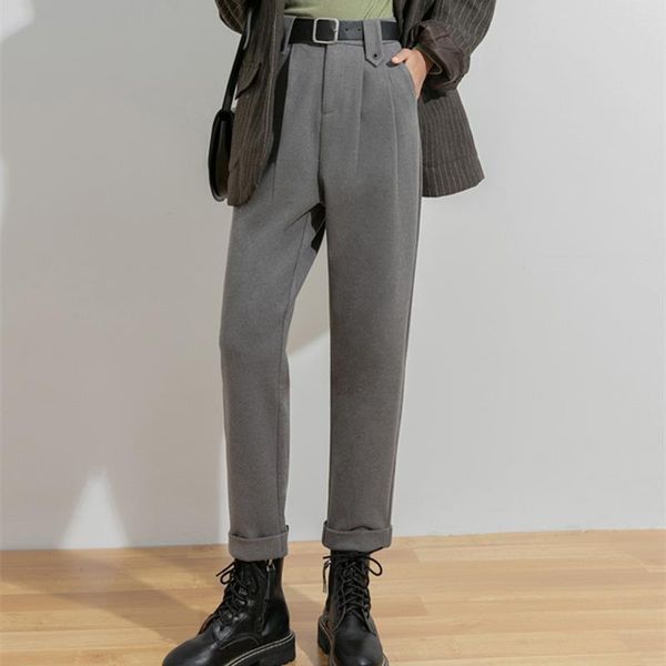 

autumn winter 2020 new solid woolen formal women's harem pants with belt high waist office lady loose ankle-length pants pocket, Black;white