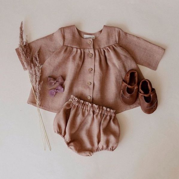 

ins infant cotton linen sets girls single-breasted long sleeve shirt+ruffle pp shorts 2pcs spring newborn baby kid clothes a5451, White