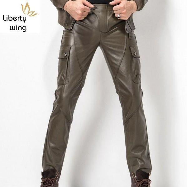 

2020 new pantalones de hombre calcas plus size 29-35 fashion motorcycle men genuine leather straight pants1, Black