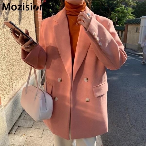 

mozision notched collar thick wool blazer women solid long sleeve double breasted overcoat female casual loose woolen coat, Black