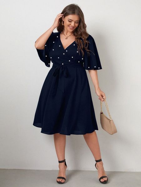

plus pearls beaded surplice neck belted dress t3rq#, Black
