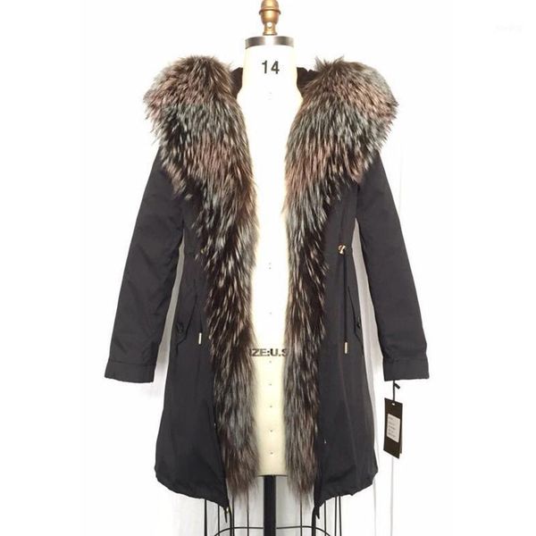 

women winter parka coat jacket collar detachable liner in the hood fur 93cm length quality fabric 97 d1, Black