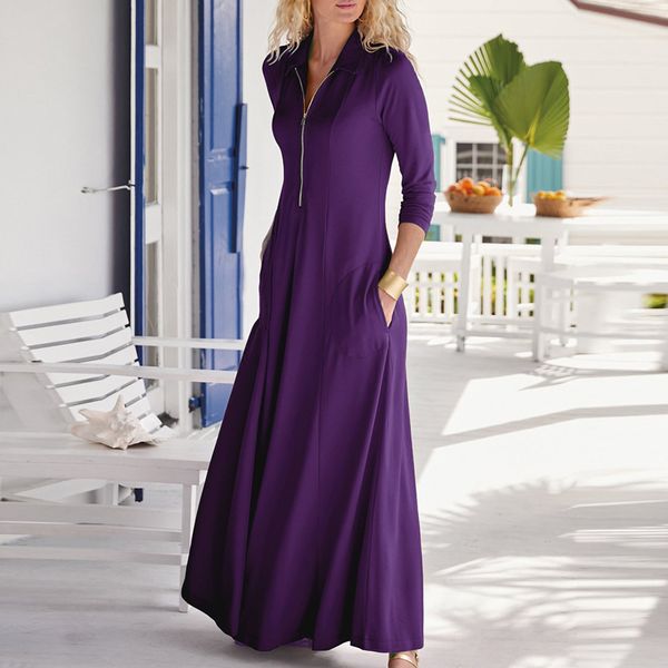 

autumn solid long sleeve pocket dress elegant women zipper turn-down collar knitted party dress casual loose long dress vestidos y0118, Black;gray