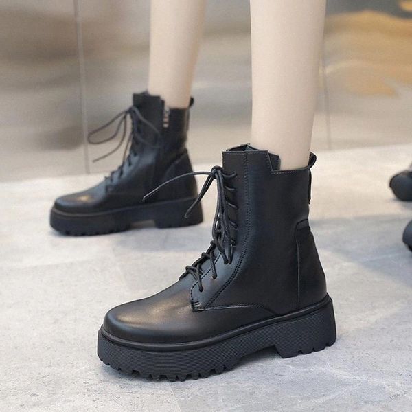 

Lucyever 2020 Autumn Winter Women Platform Boots Zip Lace Up PU Leather Ankle Boots Woman Thick Bottom Motorcycle Botas Mujer #K16D, Black